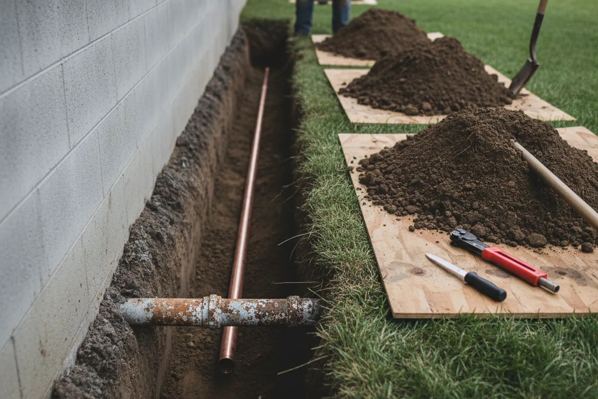 Excavated water line trench during Water Softener Installation in Matteson